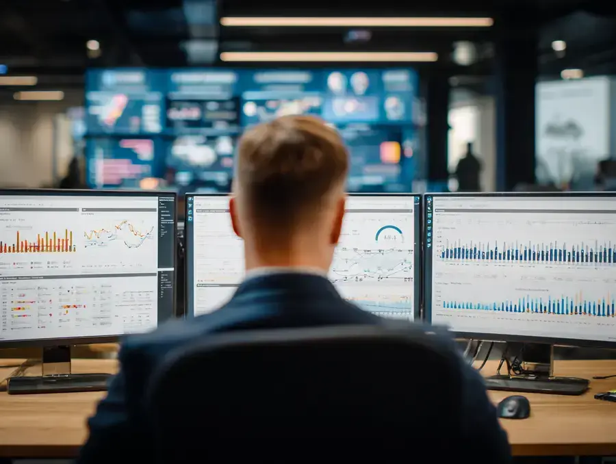 Führungskraft analysiert Kennzahlen-Dashboard zur Leistungsbewertung und Steuerung der Führungssysteme.