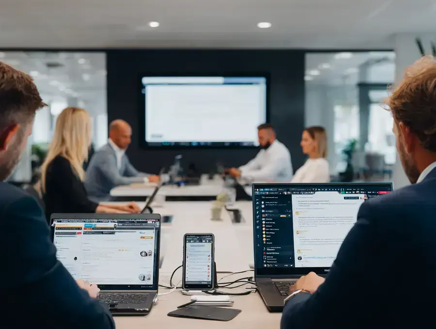 Digitale Whiteboards und Kollaborationstools auf Laptop und Tablet.